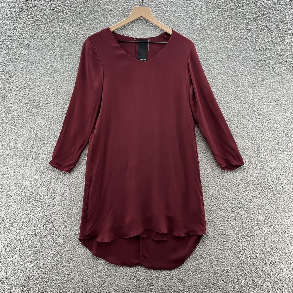 Heather Dress Womens Small Burgundy Silk Long Sleeve Hi Low Shift Dress